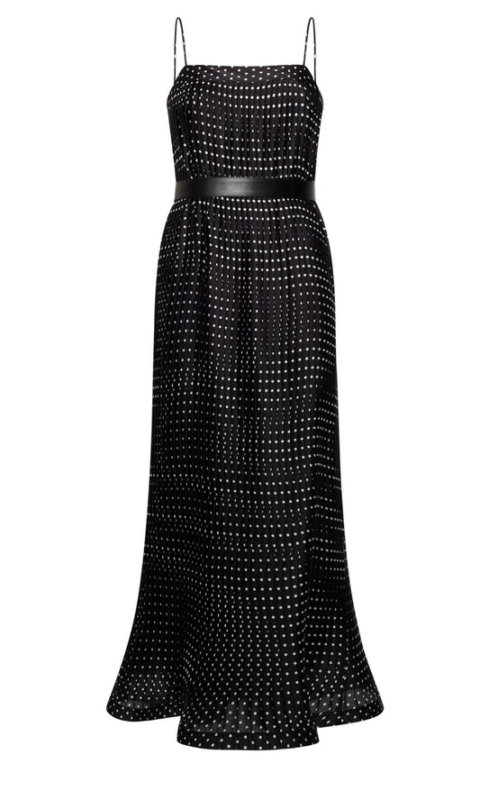 LONG COLUMN DRESS IN PLEATED POLKA DOT PRINT